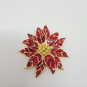 Vintage Gold Tone Red Enamel Poinsettia Flower Brooch Holiday Pin